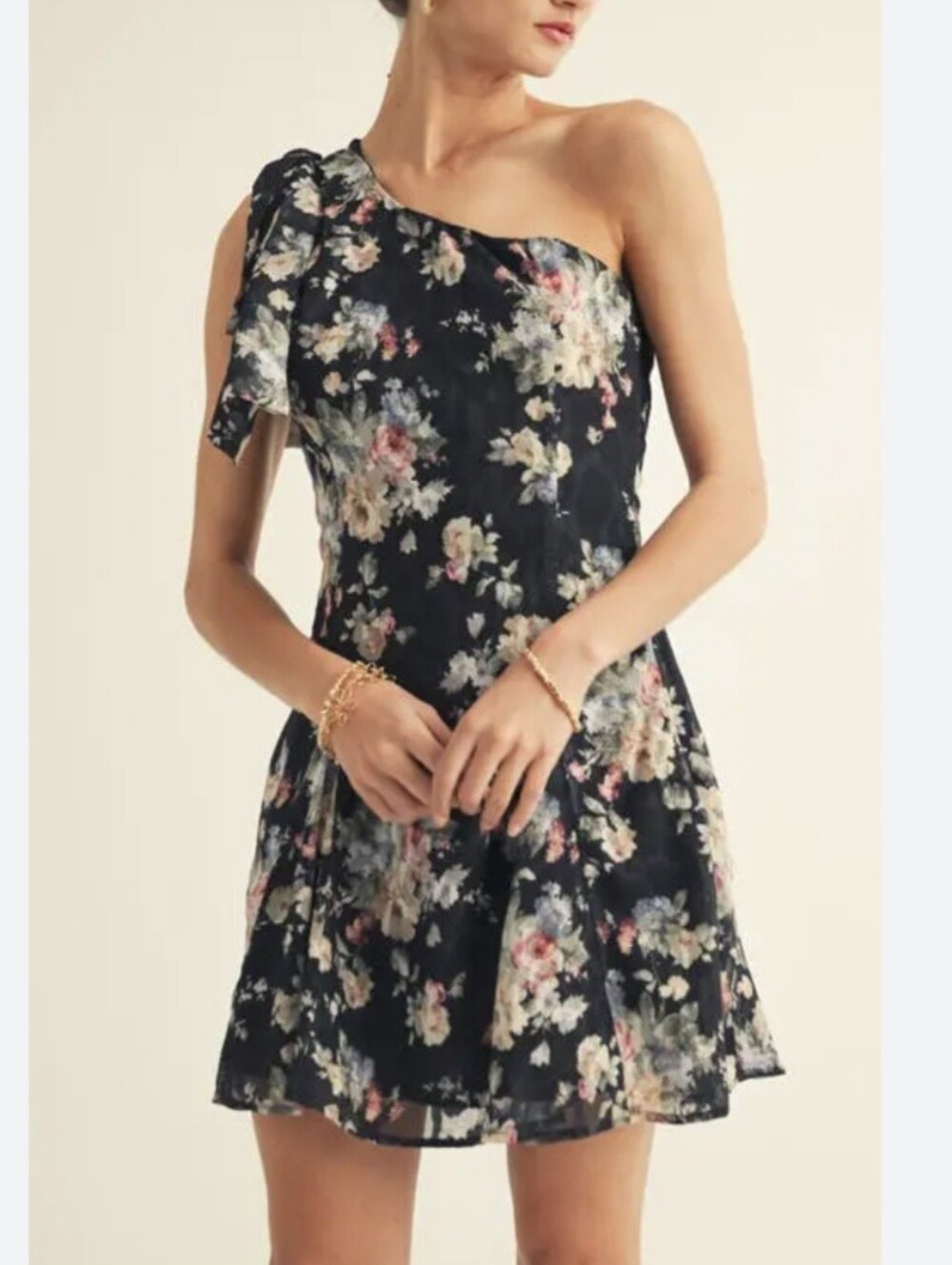 AROSE STUDIO Sierra One-Shoulder Dress Black Size Small S Floral Mini Dress New